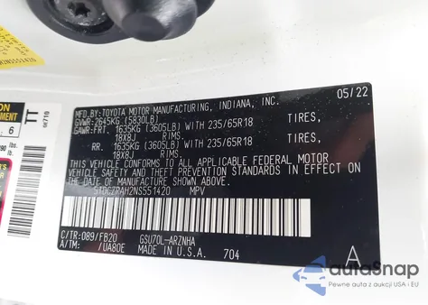 2022 Toyota Highlander L из США, поврежденный, VIN 5TDCZRAH2NS551420